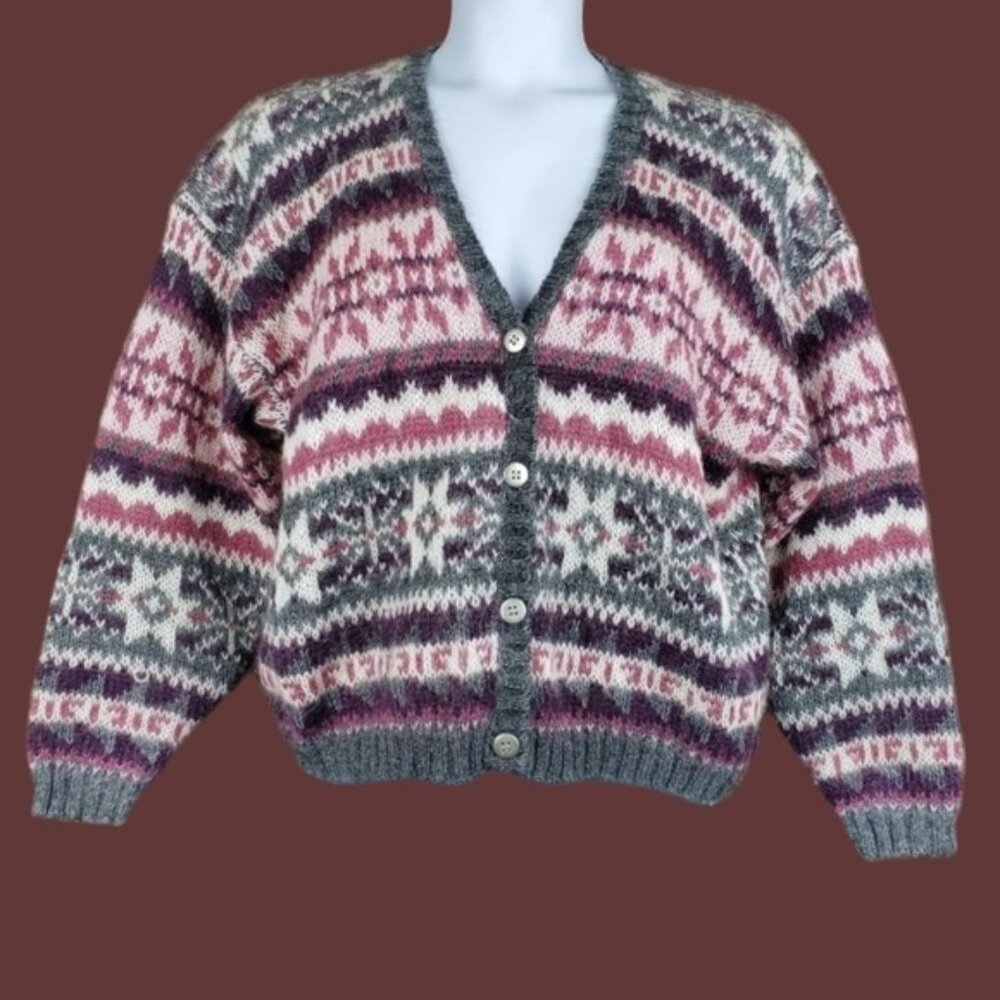 Maurices Womens Purple Grey Fair Isle Mohair Blend Cardigan Sweater Size L